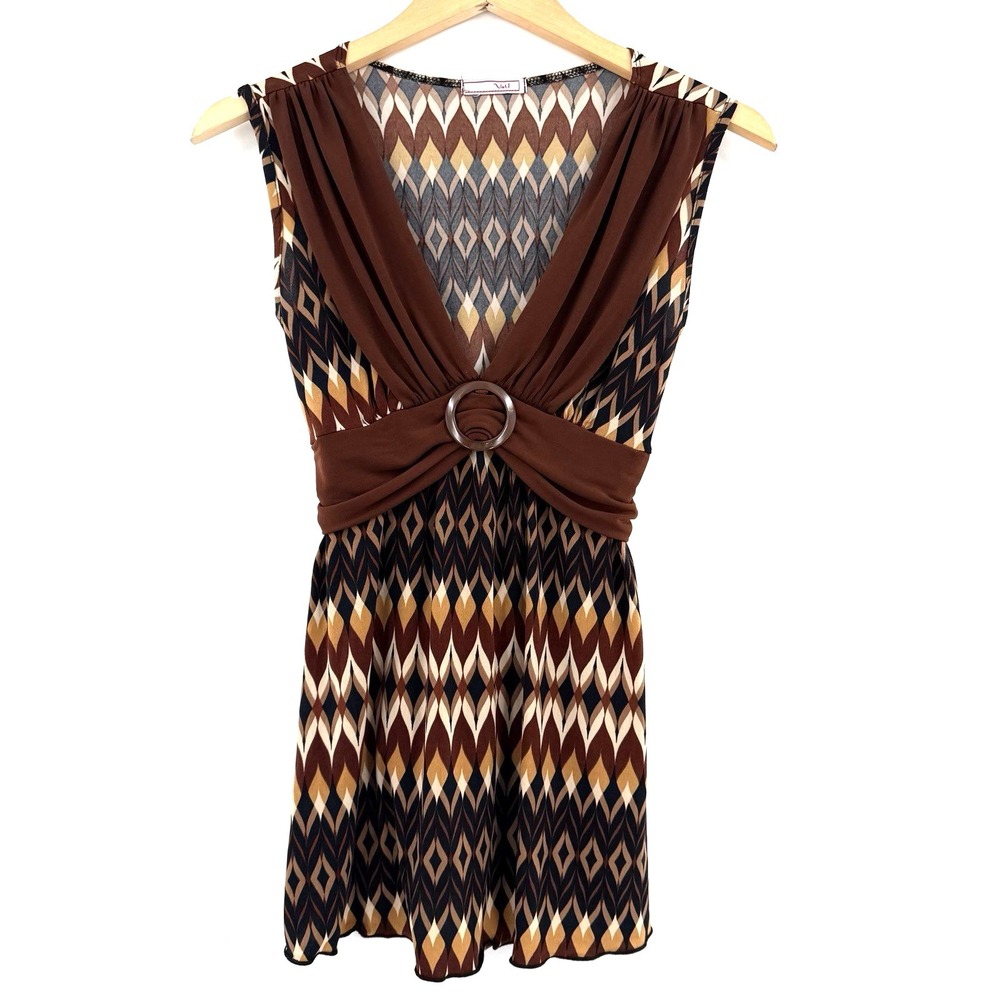 Vintage Brown Geometric Tunic Top Size S Indie Boho Ring Detail